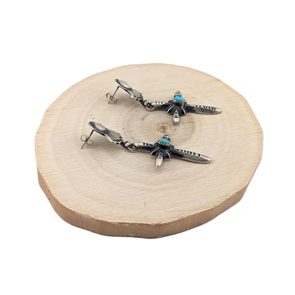 Native Am Earrings Navajo‎ Iodize Sterling Silver Cross Turquoise Jewelry**